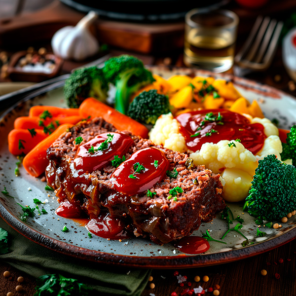Pain de viande avec sa purée de pomme de terre et légumes