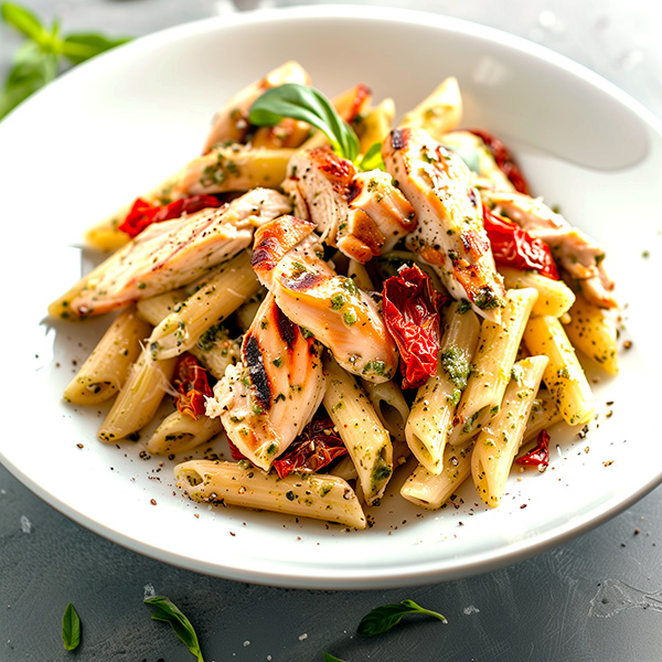 Penne au poulet sauce crémeuse au pesto de tomates séchées.
