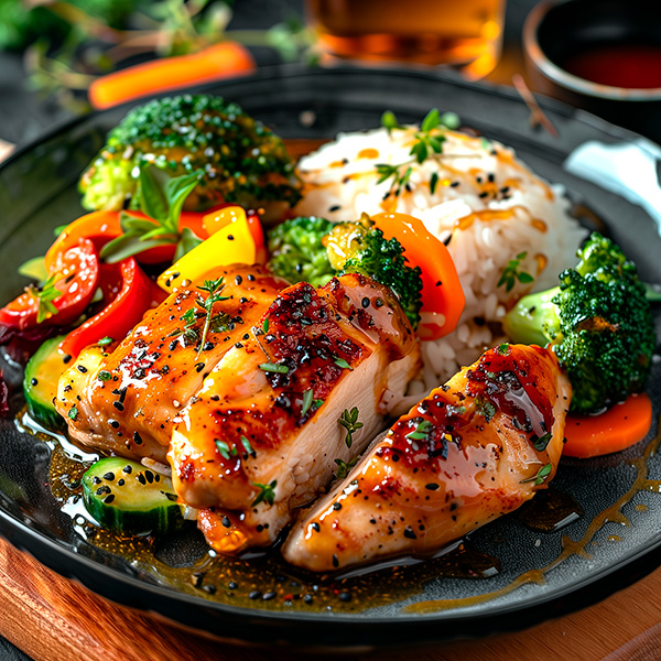Poulet miel et moutarde avec légumes accompagné de riz