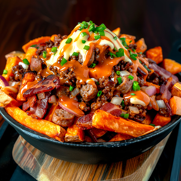 Poutine trois viandes (Patates douces)