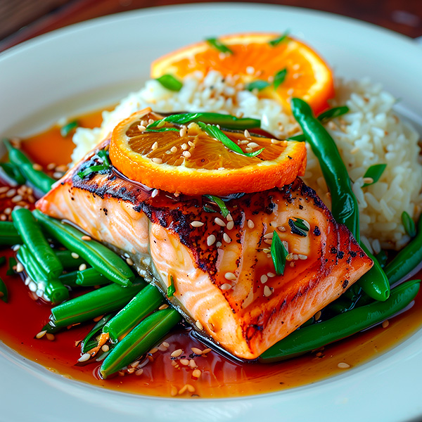 Saumon à l'orange, riz et haricots verts