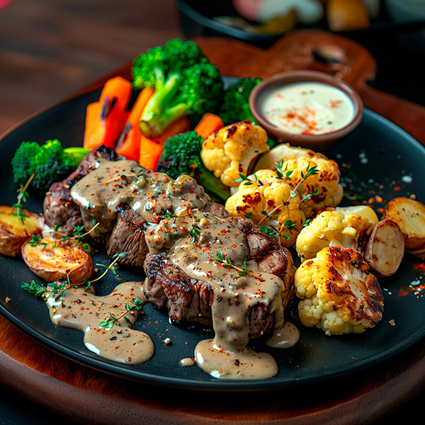 Bavette de boeuf sauce aux poivres et légumes de saison servis avec patates rissolées