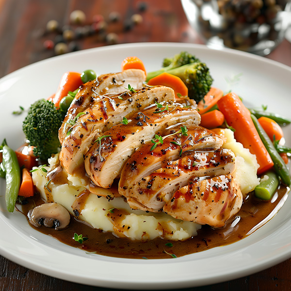 Poulet à la sauce chasseur poivrée et légumes de saison