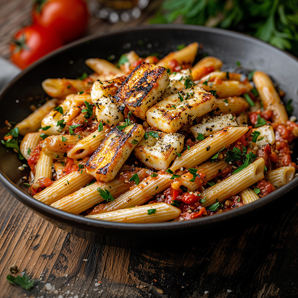 Penne sauce arrabbiata et fromage halloumi grillé